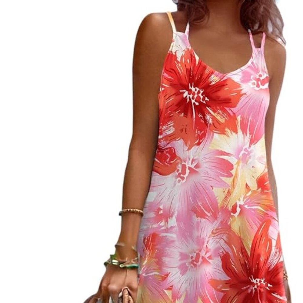 Casual Sundress Summer Maxi Sleeveless V Neck Boho Beach Dress with Pockets